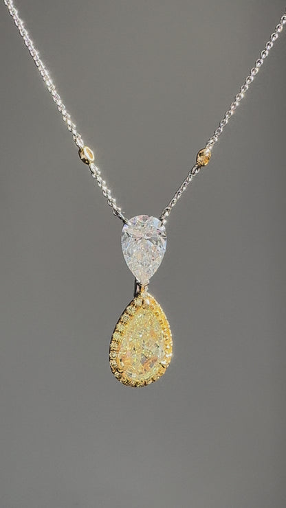 Fancy Yellow & White Pear Cut  Diamond Two Stone Pendant(5.53 carat)