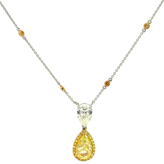 Fancy Yellow & White Pear Cut  Diamond Two Stone Pendant(5.53 carat)